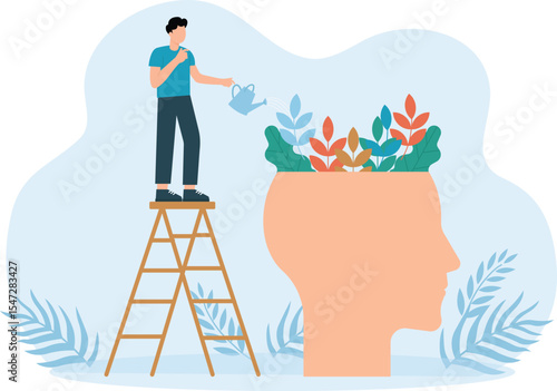 Natural mindset,One continuous line drawing of human head with plant inside. Mental health
