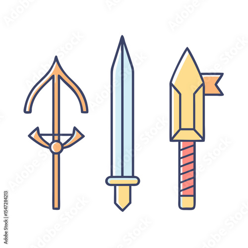 Vector illustration of fantasy weapons a crossbow, sword, and battle axe