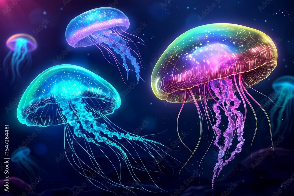 Obraz premium Glowing bioluminescent jellyfish in vibrant deep sea scene