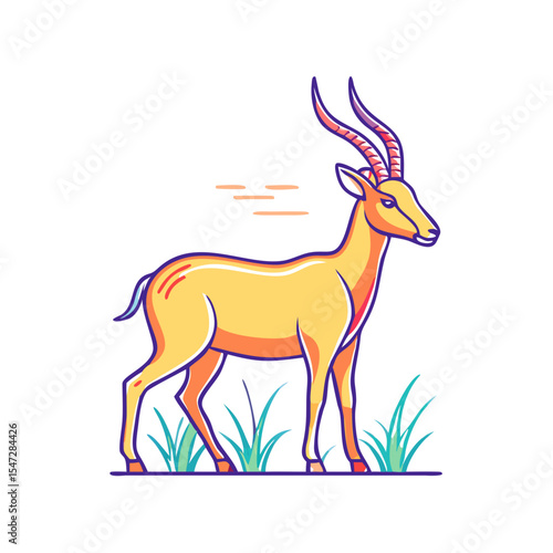 Stylized illustration of a yellow antelope with tall horns standing in grass