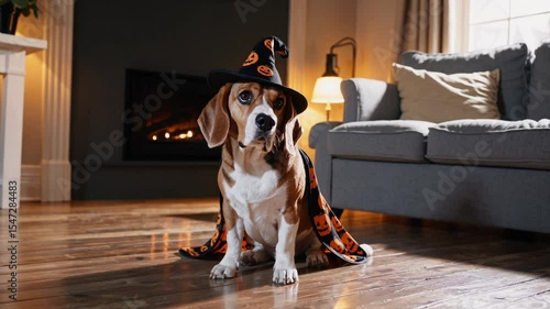 Cute beagle dog dressed in a witch hat and Halloween pumpkin costume sitting on wooden floor in cozy living room with sofa and fireplace, celebrating autumn holiday with festive decor