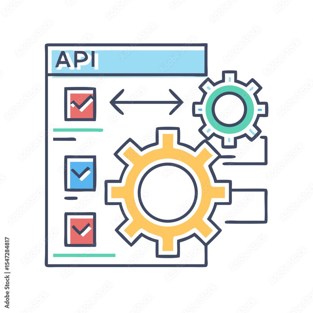 Application programming interface concept with gears and check marks in interface window Application programming interface concept with gears and check marks in interface window
