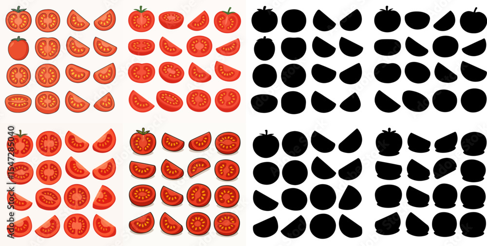 Fototapeta premium Vector Set Cartoon chopped tomatoes and silhouette, red vegetable slices. Tomato half, fresh red tomatoes slice, organic vegetables with yellow seeds flat vector illustration set.
