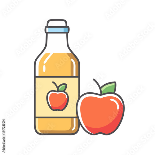 A bottle of fresh apple juice next to a ripe red apple