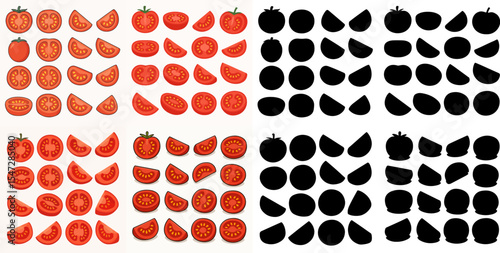 Vector Set Cartoon chopped tomatoes and silhouette, red vegetable slices. Tomato half, fresh red tomatoes slice, organic vegetables with yellow seeds flat vector illustration set.