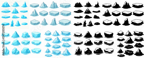 Vector Set Cartoon floating ice, frozen arctic blocks of ice and silhouette. Glaciers and icebergs pieces, blue ice crystals floating in water vector symbols illustration set. Antarctic ice melt