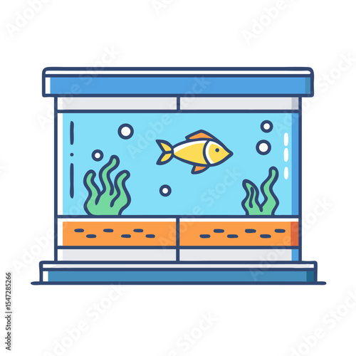 Minimalist illustration of a freshwater aquarium with goldfish, plants and gravel
