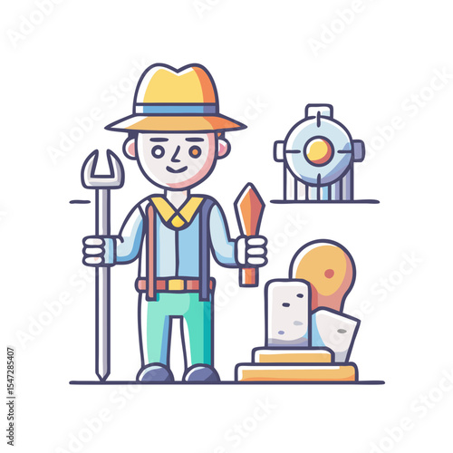 Cartoon depiction of an archaeologist on a dig site with artifacts