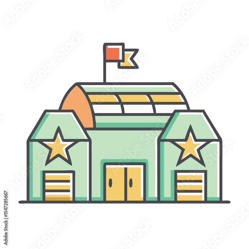 Cartoon illustration of a government building with flags and yellow stars