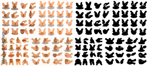 Vector Set Potters hands. Hand crafting crockery, ceramics studio potters hands work with clay, potter's wheel and ceramic modeling process and its silhouette