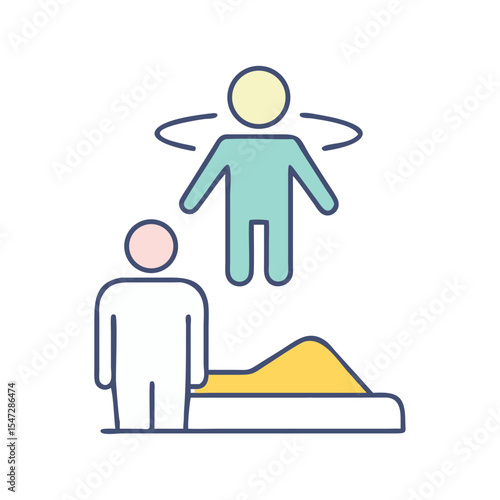 Abstract representation of out of body experience with two figures and bed