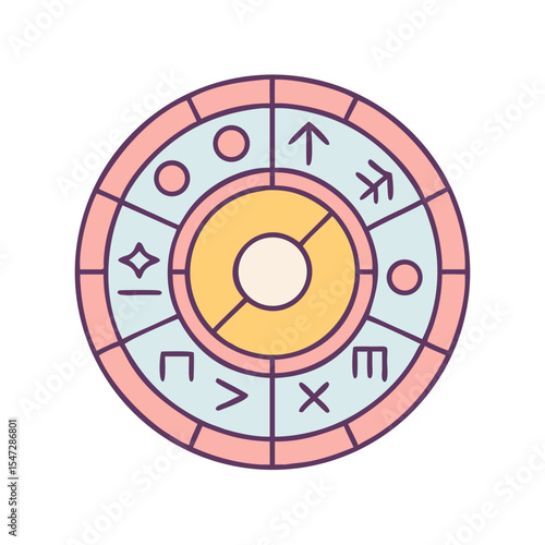 Astrological Chart with Symbols in Sections Representing Zodiac Signs