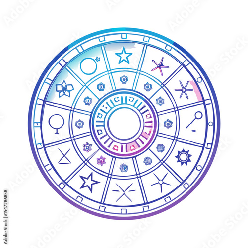 Watercolor Astrological Chart with Zodiac Signs and Celestial Symbols on White Background