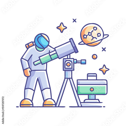 Astronaut using telescope to look at planets and stars with science equipment