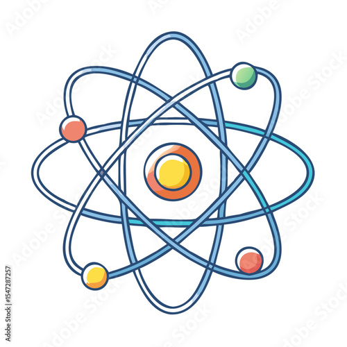 Simple cartoon illustration of an atom with electrons orbiting the nucleus