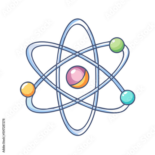 Illustration of an atom with electrons in orbit on a white background