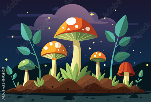 Enchanted Forest at Night. A Dreamlike Mushroom Scene