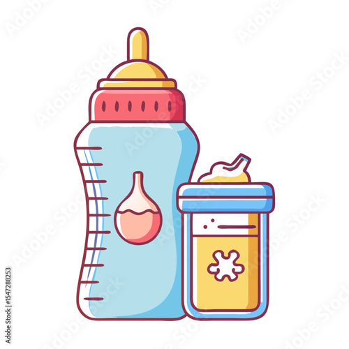 Illustration of a baby bottle and formula container on a white background