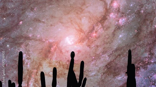 Cosmic Landscape with Cacti Silhouettes Against Starry Sky