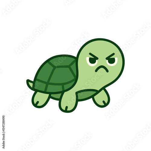 Angry green cartoon turtle with a frown and sharp eyes, flat style illustration perfect for emotions, animals, or funny characters.

