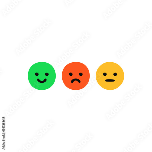 Three colored emoji faces—happy green, sad red, and neutral yellow—representing different emotions in a simple, flat rating and feedback-style design.