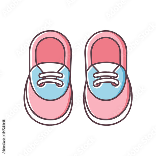 Pair of adorable pink baby shoes with light blue accents illustration