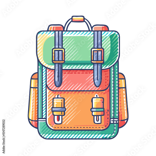 Cartoonish illustrated hiking backpack for an outdoors adventure, in vibrant colors