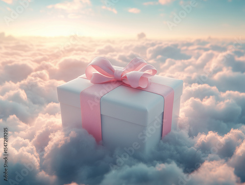 Beautifully wrapped white gift box with pink ribbon on a cloud. Background is a bright sky.