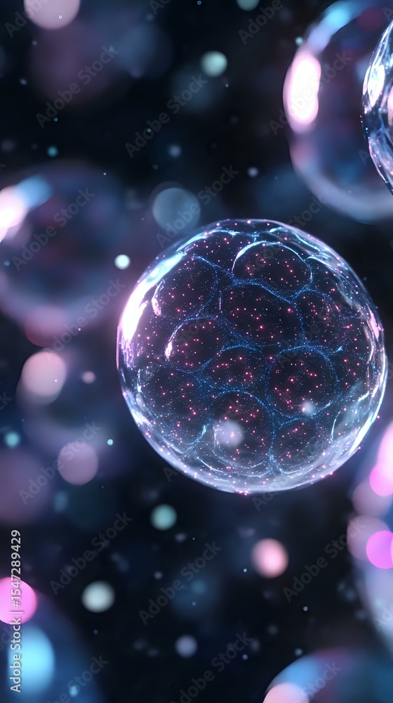 Naklejka premium Glowing translucent sphere with intricate network patterns floating in dark space, illuminated by pink and blue bokeh lights creating magical atmospheric effect.