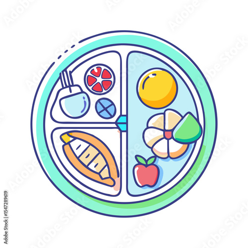 Healthy balanced plate of colorful food items for mindful eating illustration