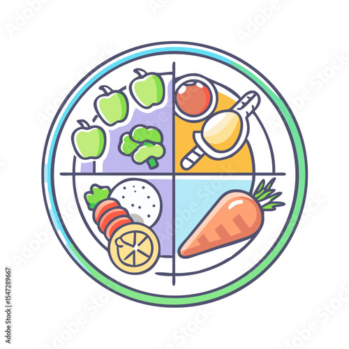 Healthy balanced diet plate with fruits vegetables protein and grains illustration