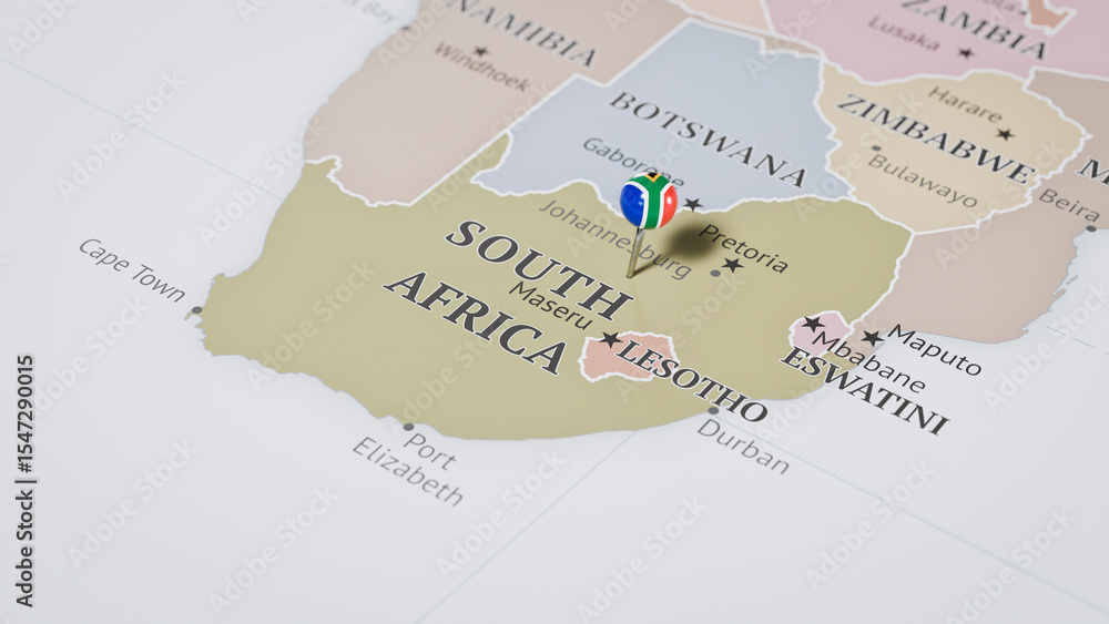 Fototapeta premium A Map of South Africa, with a Pin Featuring the South African Flag