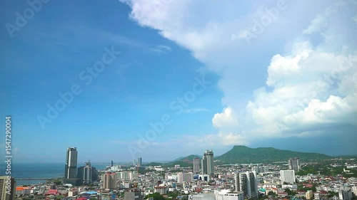 sriracha city aeriel  view blue gray sky and white cloud moving on the rainy season time lapse