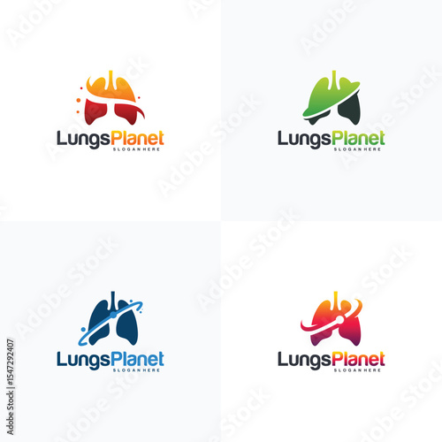 Set of Lungs Planet logo designs concept vector, Lungs shield logo, Lungs Care logo template