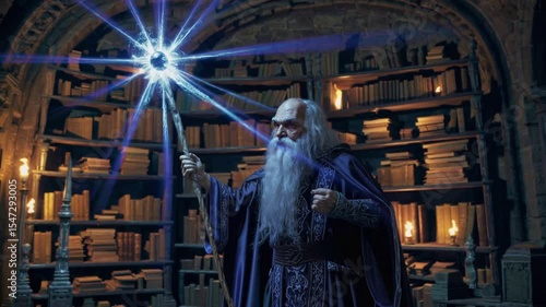 Wise wizard holding glowing staff emitting radiant light in ancient stone library filled with magical books and artifacts, symbolizing knowledge, power, and fantasy magic themes, casting a spell