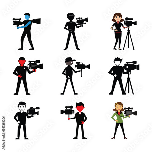 Professional Cameraman with video camera Silhouettes icons set on white background.