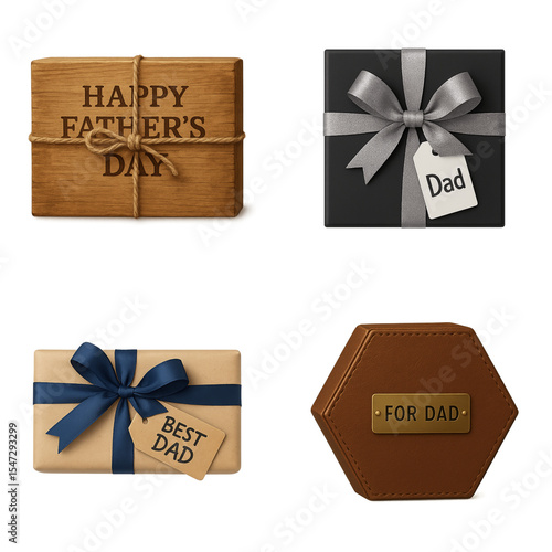 Collection of gift boxes for Father's Day with ribbons and tags on transparent background, colorful illustration, copy space