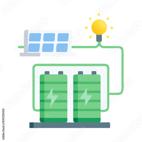Solar panel power system with storage battery and light bulb showing renewable energy concept vector illustration