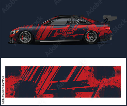Modern Sports Car with Red Grunge Racing Livery and Matching Wrap Design