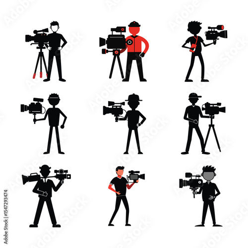 Professional Cameraman with video camera Silhouettes icons set on white background.