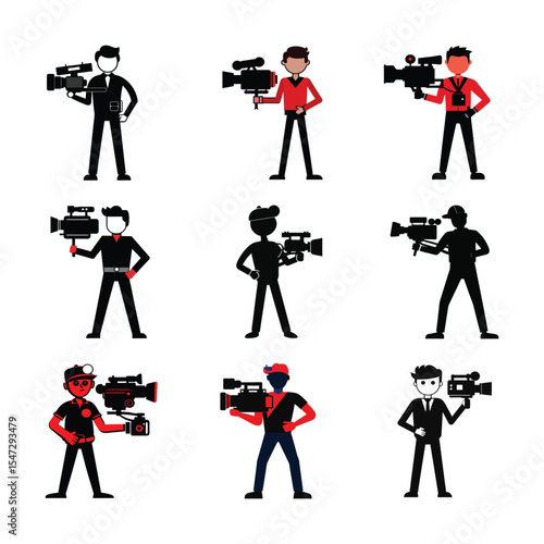 Professional Cameraman with video camera Silhouettes icons set on white background.
