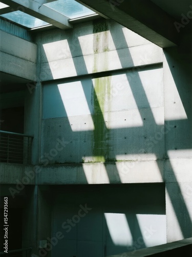 Concrete Structure with Skylight Shadows and Greenery