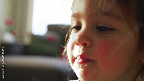 Child eating candy cane close up