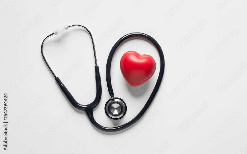 top view, Red heart shape exercise ball with doctor physician's stethoscope on white background. hospital life insurance concept, world heart health day. doctor day top view, Red heart shape exercise ball with doctor physician's stethoscope on white background. hospital life insurance concept, world heart health day. doctor day