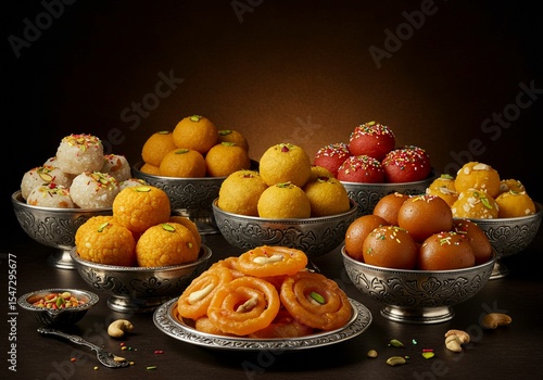 Assorted indian sweets in bowls
