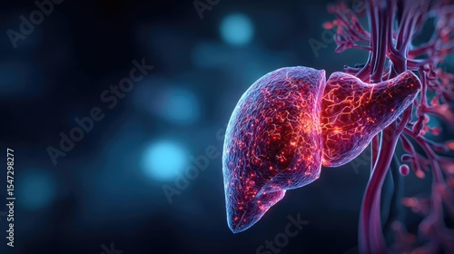Gallbladder blockage causes cramp and scan concept. Detailed illustration of a human liver with vibrant colors.