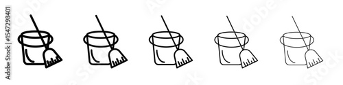 besom with stick and pail icon flat illustration set logo