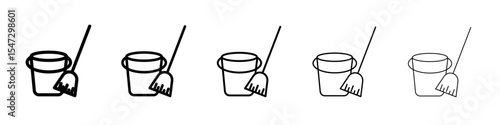 besom with stick and pail icon flat illustration set logo