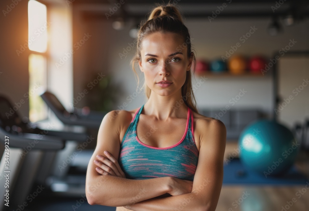 Confident woman in sportswear standing in a home gym setting Confident woman in sportswear standing in a home gym setting