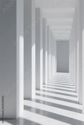 Long, minimalist white corridor with evenly spaced columns and soft lighting